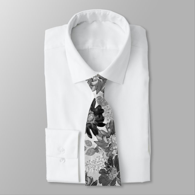 Aquarelle Gris, motif floral noir. cravate (Attaché)