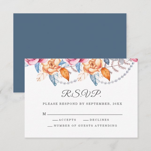 Aquarelle Gris Orange Brûlé Mariage Floral RSVP (Devant / Derrière)