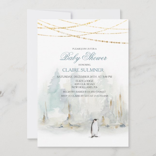 Aquarelle Hiver Baby shower de pingouin Invitation (Devant)