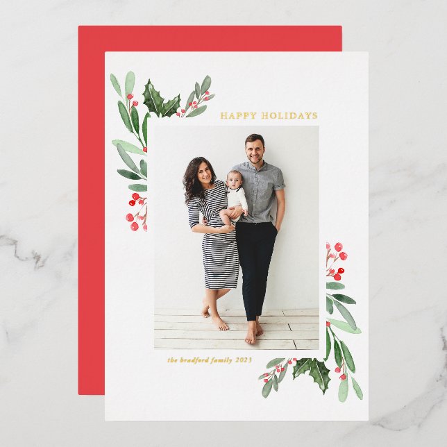 Aquarelle Holly et verdure Joyeux vacances Photo (Recto/Verso)