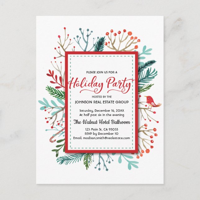 Aquarelle Holly Foliage Fête Invitation (Devant)