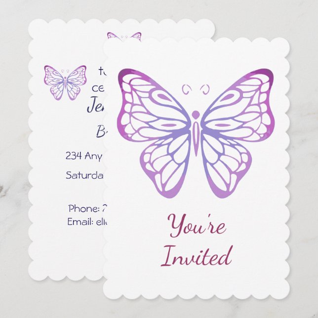 Aquarelle Invitation papillon pour fête d'annivers (Devant / Derrière)