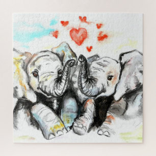 Aquarelle Jigsaw Puzzle Eléphants Couple Love