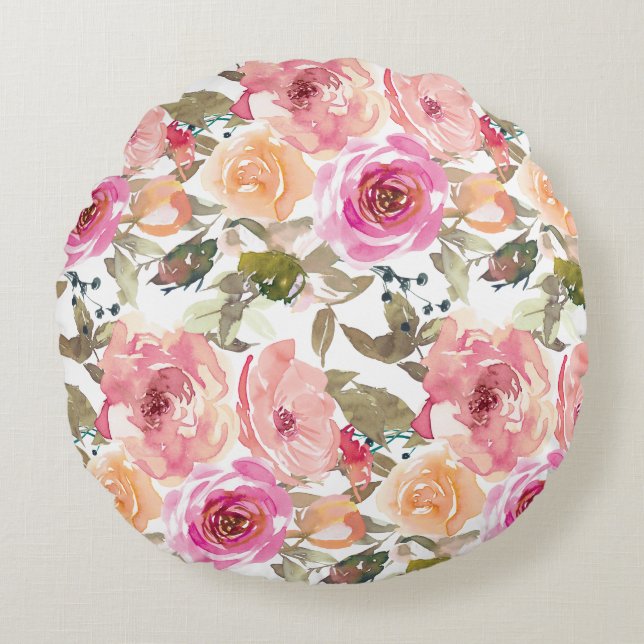Aquarelle Joli rose Coussin rond (Devant)