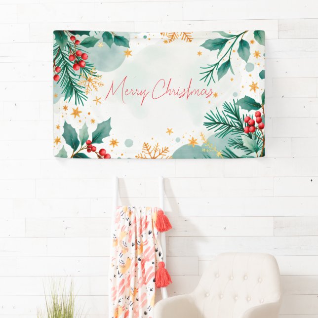 Aquarelle Joyeux bannière de Noël - Feuilles (En situation)