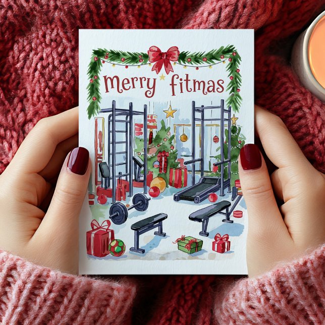 Aquarelle Joyeux Fitmas Carte de Noël (Watercolor Merry Fitmas Fitness Christmas Card)