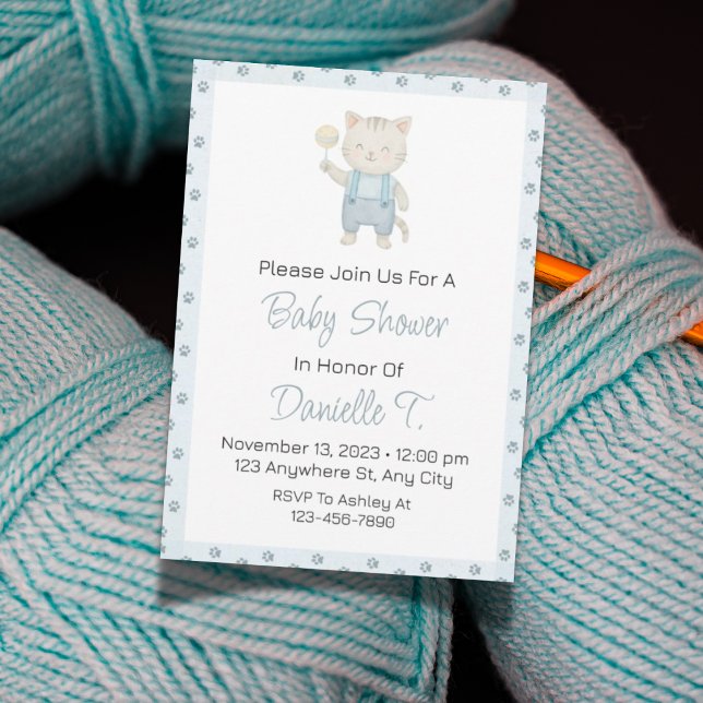 Aquarelle Kitten Baby shower Invitation pour garço (Kitten-themed baby shower invitation design with charming blue cat illustrations.)