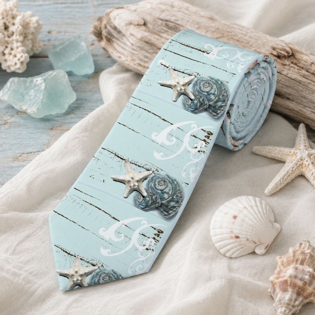 Aquarelle Krawatte (Coastal aqua blue beach wood starfish seashell neck tie)