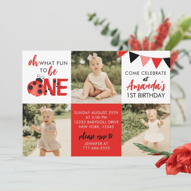 Aquarelle Ladybug 3 Photo Invitation Anniversaire (Oh What Fun to Be One Watercolor Ladybug 3 Photo Birthday Invitations)