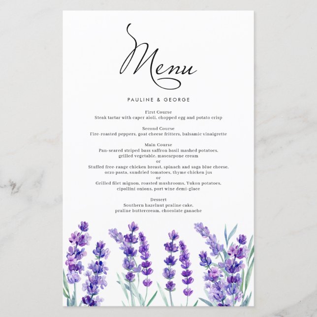 Aquarelle Lavande Fleurs Printemps Menu Mariage (Devant)