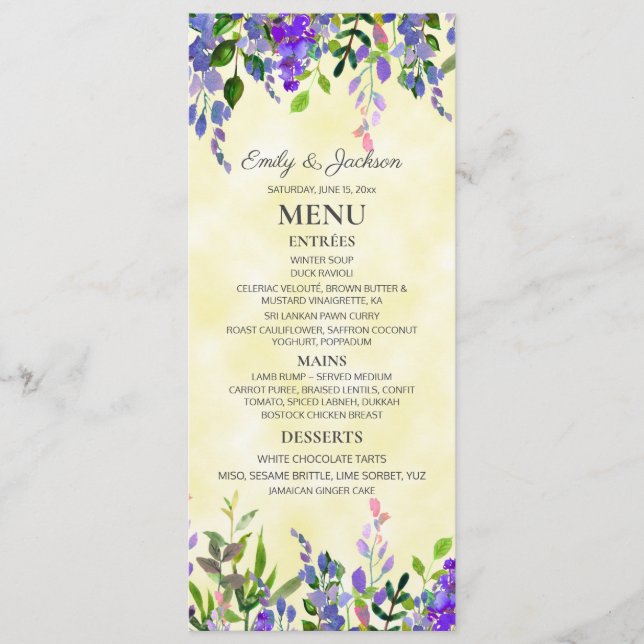 Aquarelle Lavande Florale Jaune Menu Mariage (Devant)