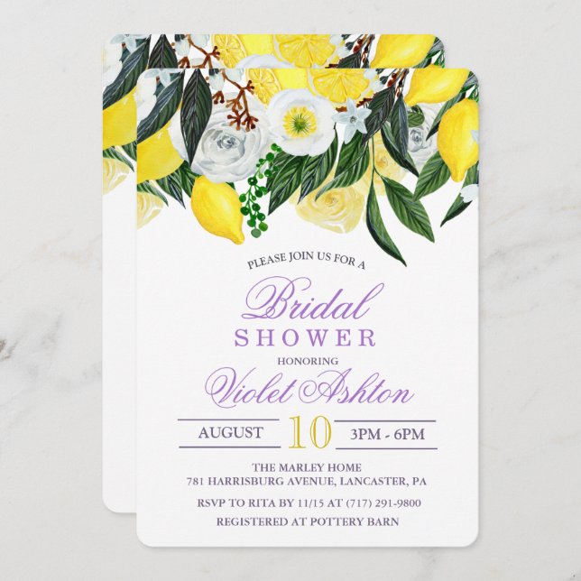 Aquarelle Lemon Floral Bridal Douche Invitation (Devant / Derrière)