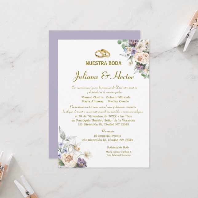 Aquarelle Lilac Faire-part de mariage Floral (Devant/Arrière en situation)