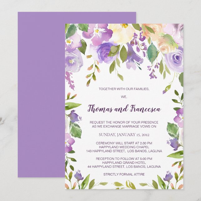 Aquarelle Lilac Faire-part de mariage Floral (Devant / Derrière)