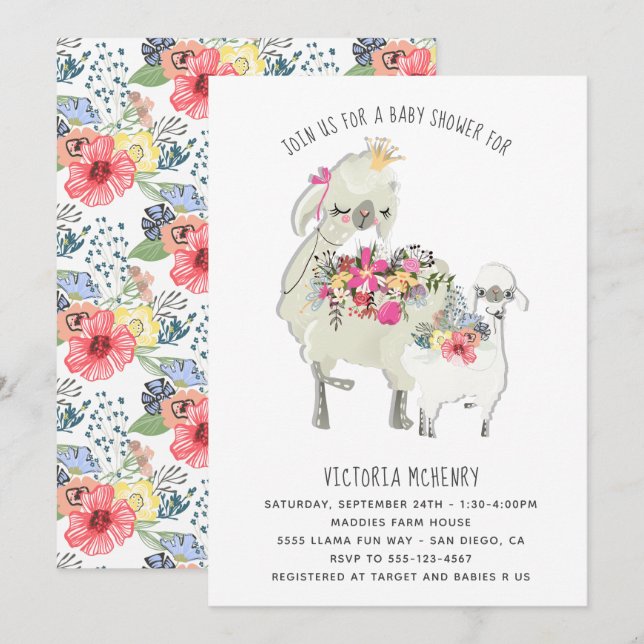 Aquarelle Llama Mamma Baby shower Invitation (Devant / Derrière)