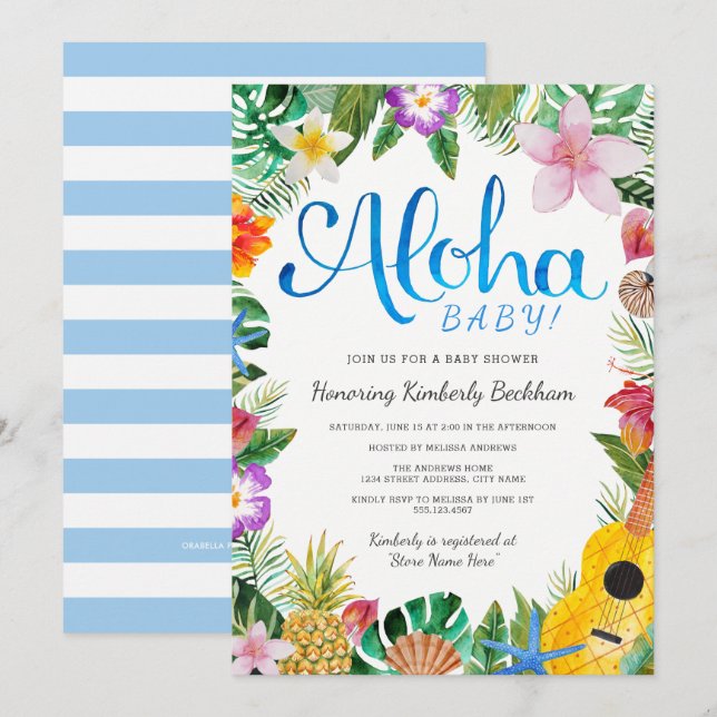 Aquarelle Luau Baby shower Invitation | Bleu (Devant / Derrière)