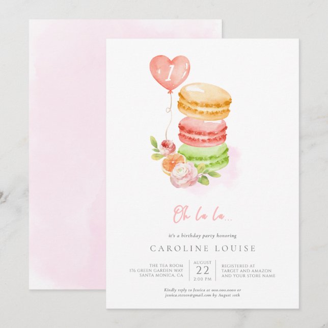 Aquarelle Macarons Baby Birthday Party Invitation (Devant / Derrière)
