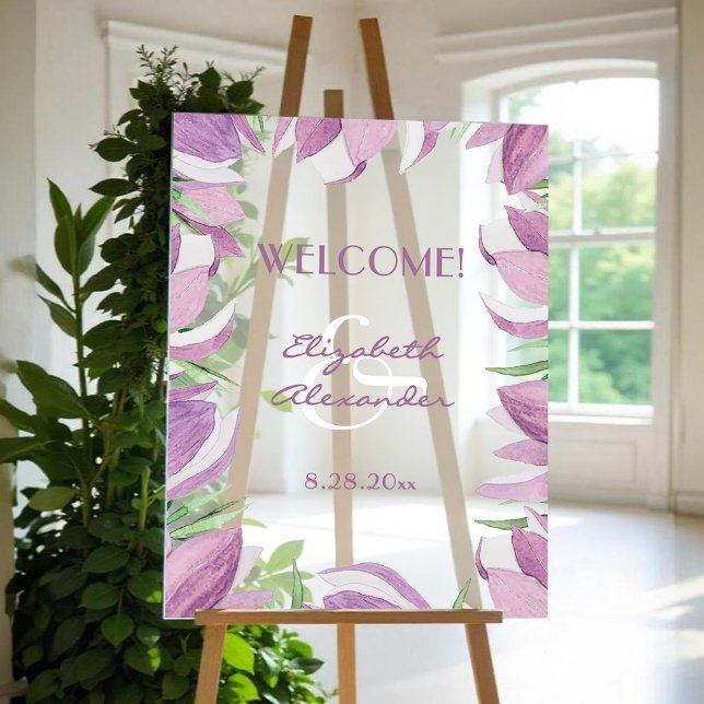Aquarelle Magnolia Floral Mariage Bienvenue (Watercolor magnolia flowers wedding welcome acrylic sign)