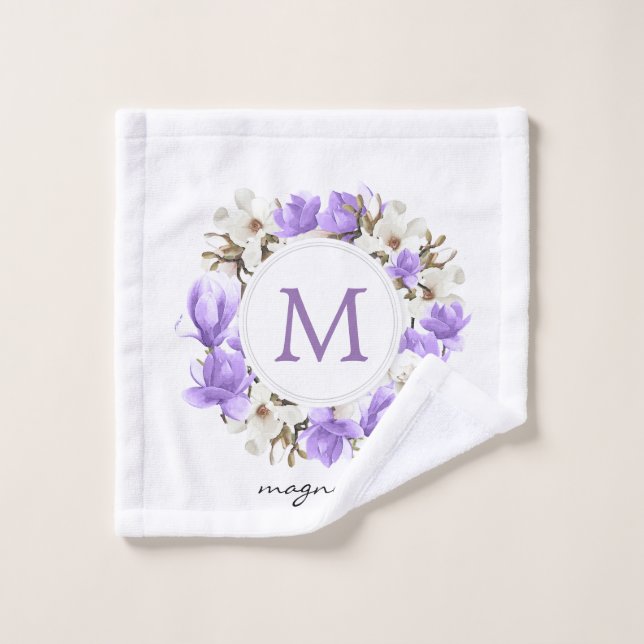 Aquarelle Magnolia pourpre Monogramme de couronne (Gant de toilette)