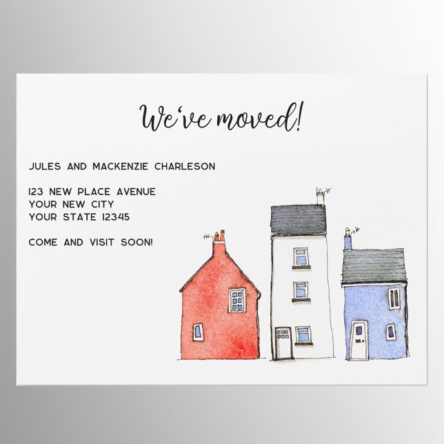 Aquarelle Maison Changement d'adresse Carte magnét (New home moving announcement magnetic card with watercolour houses and cottages and custom text)