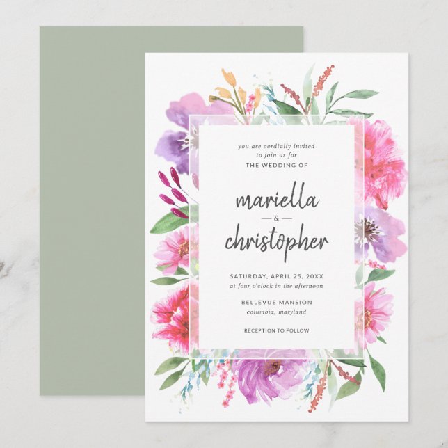 Aquarelle Mariage Bouquet de printemps Invitation  (Devant / Derrière)