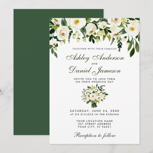Aquarelle mariage Floral Vert Blanc Invitation G (Devant / Derrière)