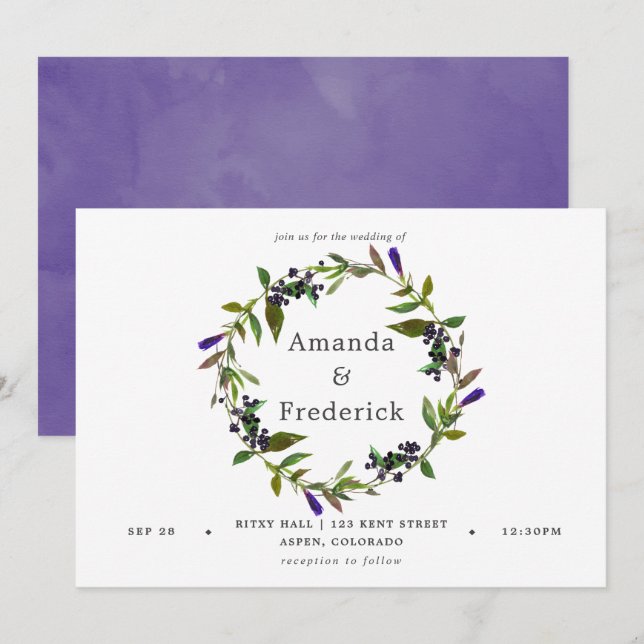 Aquarelle Mariage ultra violet Invitation florale (Devant / Derrière)