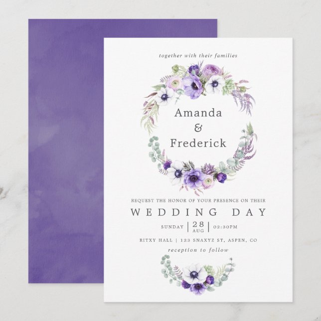 Aquarelle Mariage violet poussiéreuse Invitation f (Devant / Derrière)