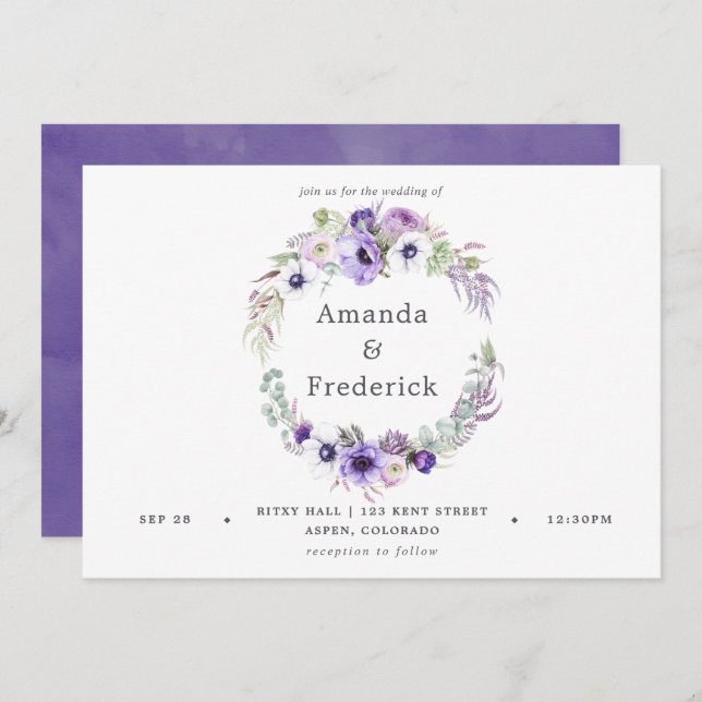 Aquarelle Mariage violet poussiéreuse Invitation f (Devant / Derrière)