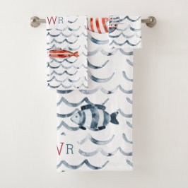 Aquarelle marin rouge et bleu triple monogramme
