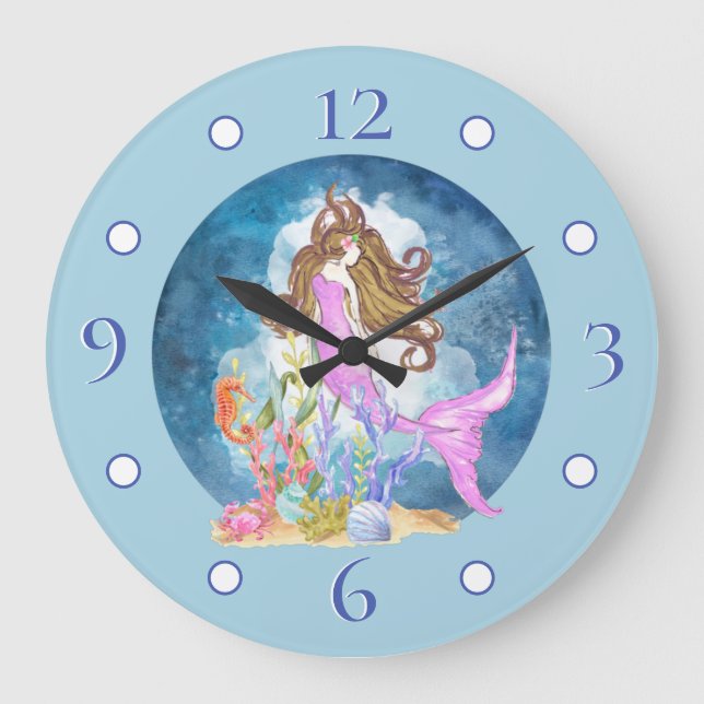 Aquarelle mauve sirène Grande horloge murale acryl (Recto)
