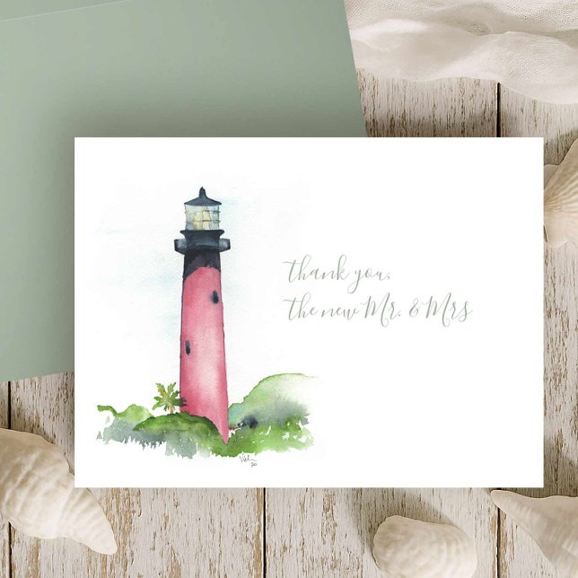 Aquarelle Merci phare Jupiter (Beach wedding in Florida custom thank you cards Jupiter lighthouse watercolor Victoria Grigaliunas)