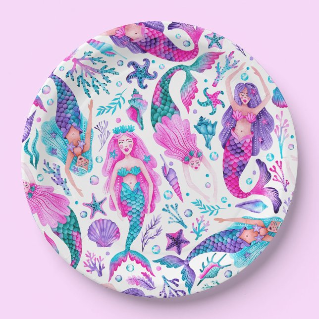 Aquarelle Mermaids Coquilles de mer + Assiette Ann (Watercolor Mermaids Sea Shells + Starfish Birthday Paper Plates)