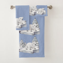 Aquarelle mignonne Ours Polaire Pins Arbres à neig