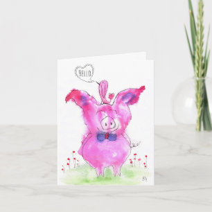 Aquarelle mignonne Pigs Roses Bonjour Carte de voe
