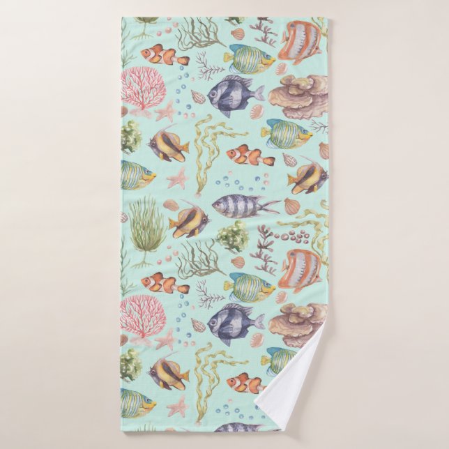 Aquarelle mignonne Vie marine Poisson et corail (Serviette de bain)