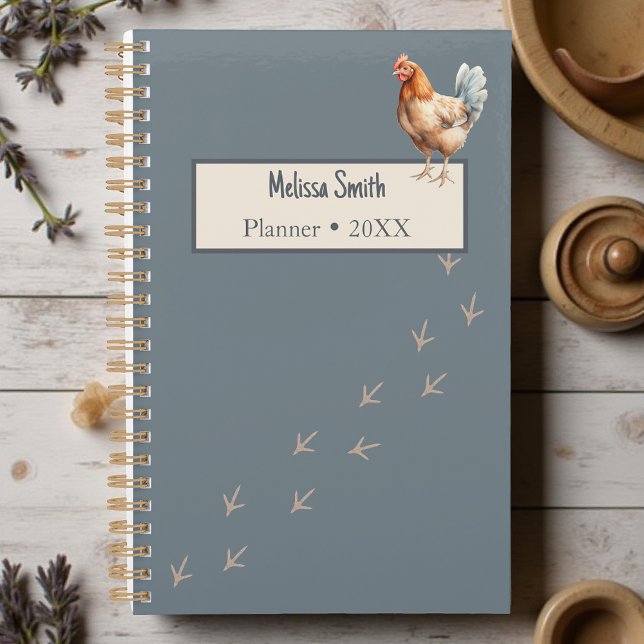 Aquarelle minimaliste Barnyard poulet (blue water color chicken planner with footprints)