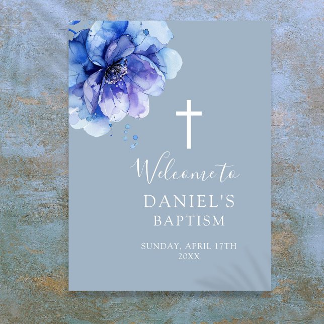 Aquarelle moderne bleu Affiche de bienvenue du bap (Blue Modern Watercolor Floral Baptism Welcome Sign)