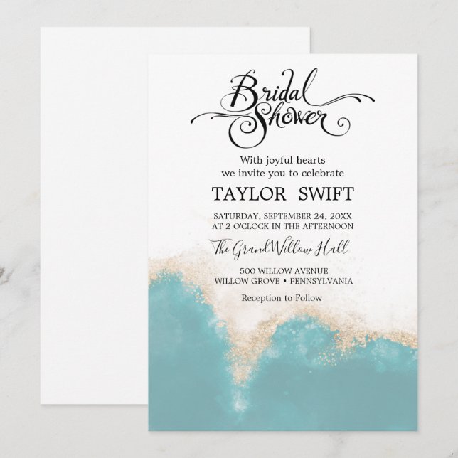 Aquarelle moderne Bleu Douche nuptiale Invitation (Devant / Derrière)