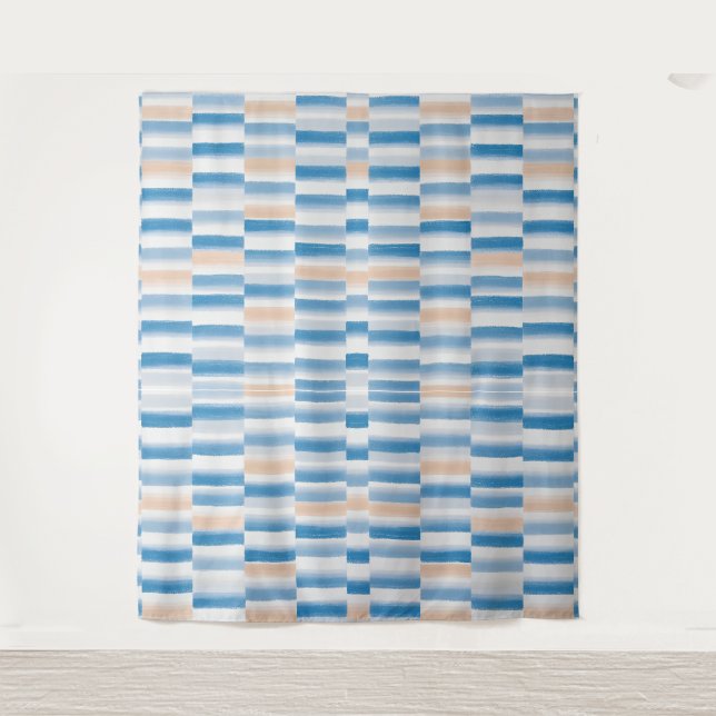 Aquarelle moderne bleu pêche Tapisserie rayée (Devant)