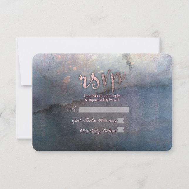 Aquarelle moderne Bleu & Rose Rose or Réponse RSVP (Devant)