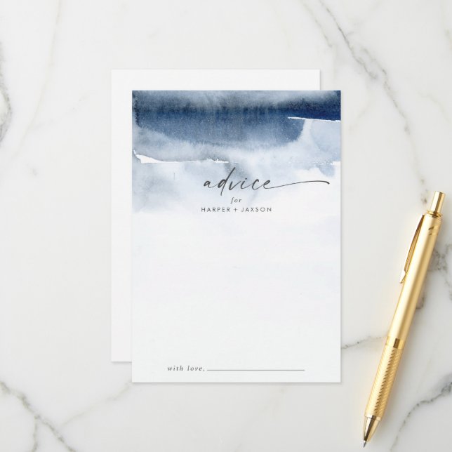 Aquarelle moderne | Carte de conseil Mariage bleu (Devant/Arrière en situation)