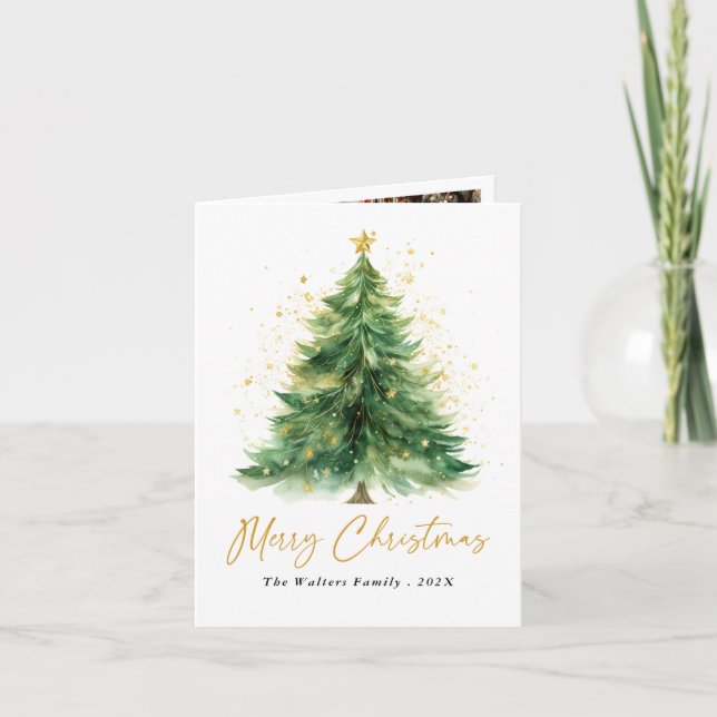 Aquarelle moderne Carte photo d'arbre de Noël (Devant)