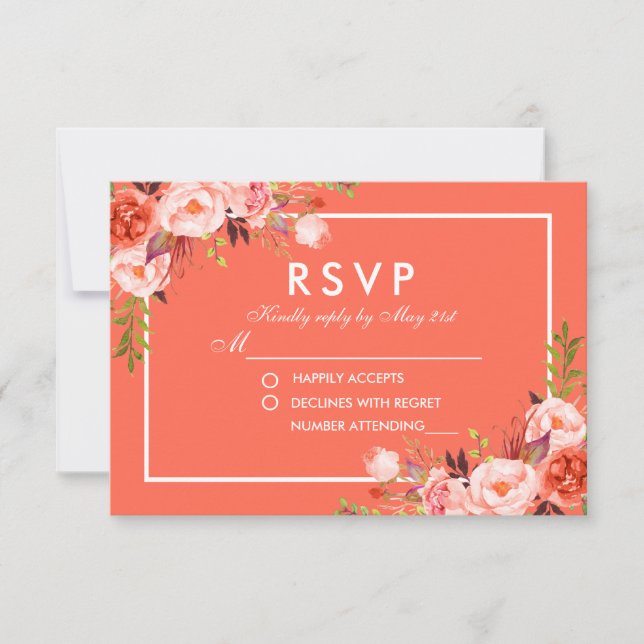 Aquarelle moderne Coral Floral Blanc RSVP Mariage (Devant)