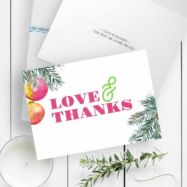 Aquarelle moderne de Noël Merci (Folded Christmas thank you cards with watercolor pine boughs and pink baubles for pinkmas)