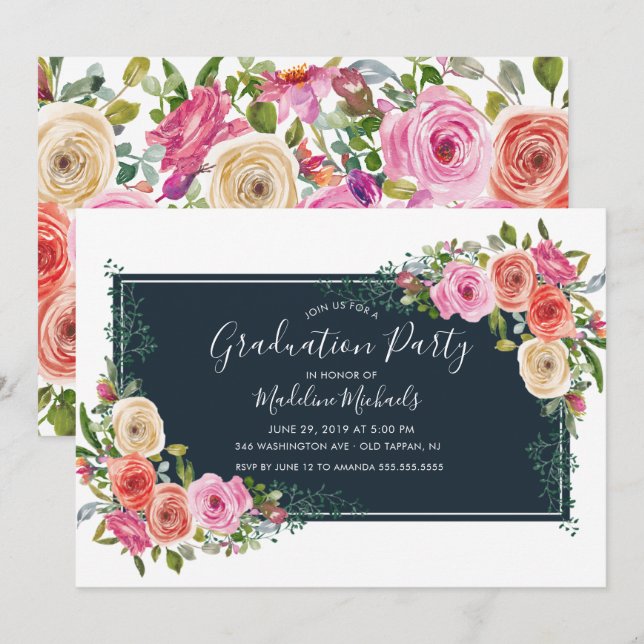 Aquarelle Moderne Floral Graduation Invitation (Devant / Derrière)