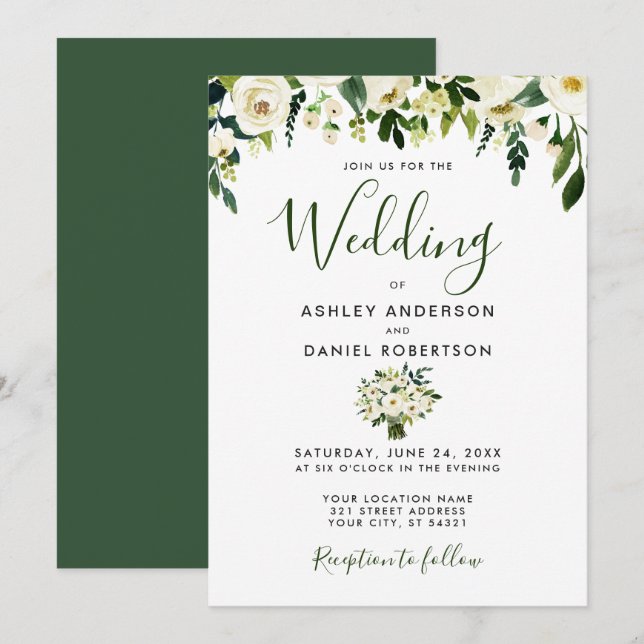 Aquarelle moderne Floral Green Wedding Invitation (Devant / Derrière)