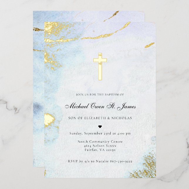 Aquarelle moderne | Invitation Baptême Bleu & Or (Recto/Verso)