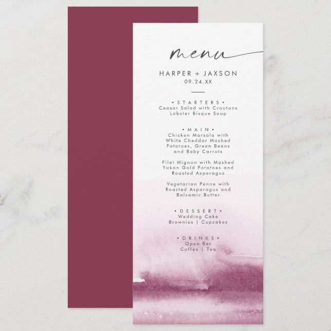 Aquarelle moderne | Menu Dîner Mariage Rouge (Devant / Derrière)