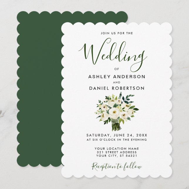 Aquarelle moderne Vert mariage floral Invitation (Devant / Derrière)